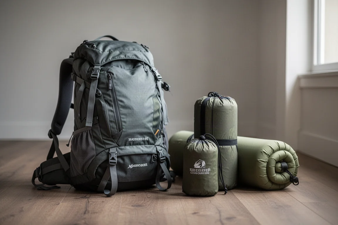 Flach ausgelegte Trekkingausrüstung mit Zelt-Packsack und Trekkingstöcken