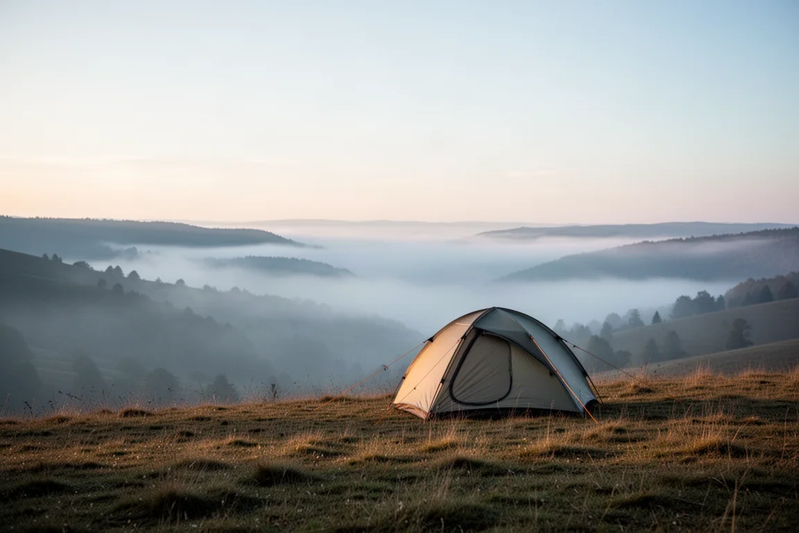 Barraca de trekking leve solitária montada em uma encosta ao amanhecer