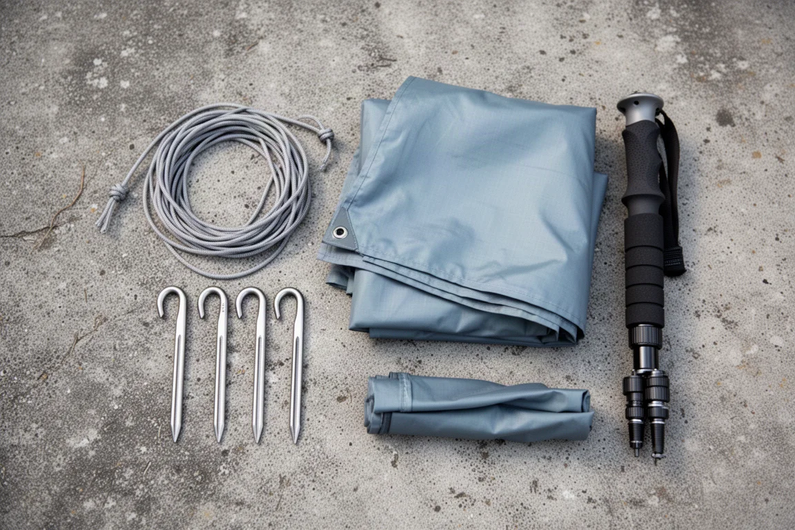 Flat lay di cordino Dyneema, tessuto per tenda in sil-poly, picchetti in titanio e una sezione di bastoncino da trekking