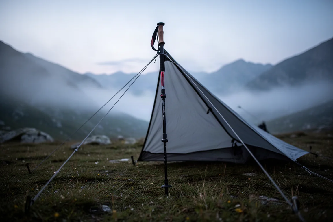 Bastoncino da trekking che sostiene un riparo basso grigio in un campo alpino nebbioso al crepuscolo
