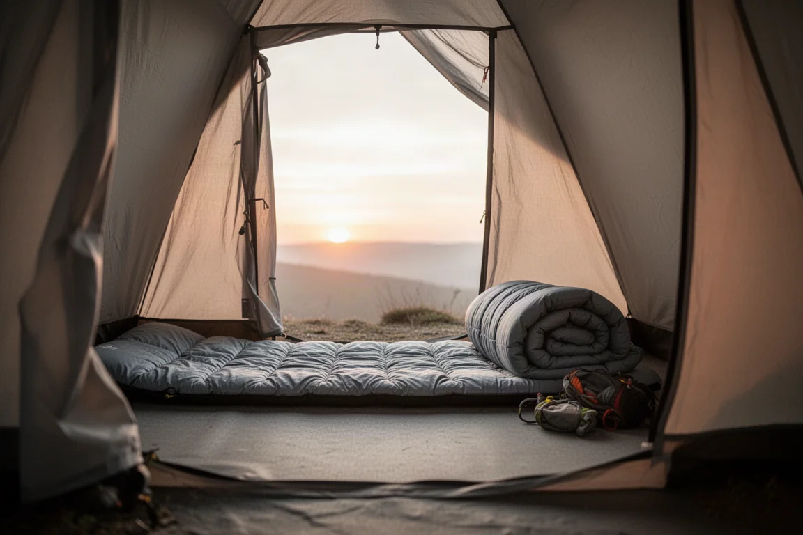 Interno di un riparo basso da backpacking all'alba con un materassino largo e attrezzatura
