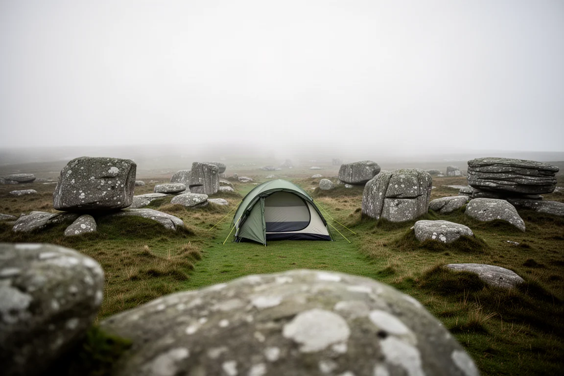 Petite tente une place montée sur une étroite bande de terrain plat entre des rochers