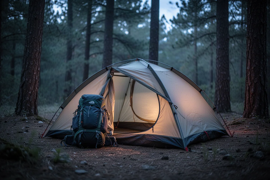 Tente compacte dans une clairière au crépuscule avec un sac à dos de randonnée à côté