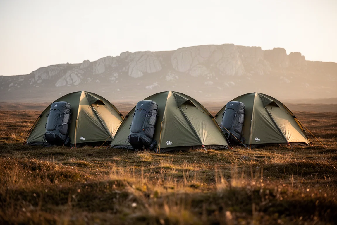Three lightweight backpacking tents pitched on a moorland plateau at golden hour
