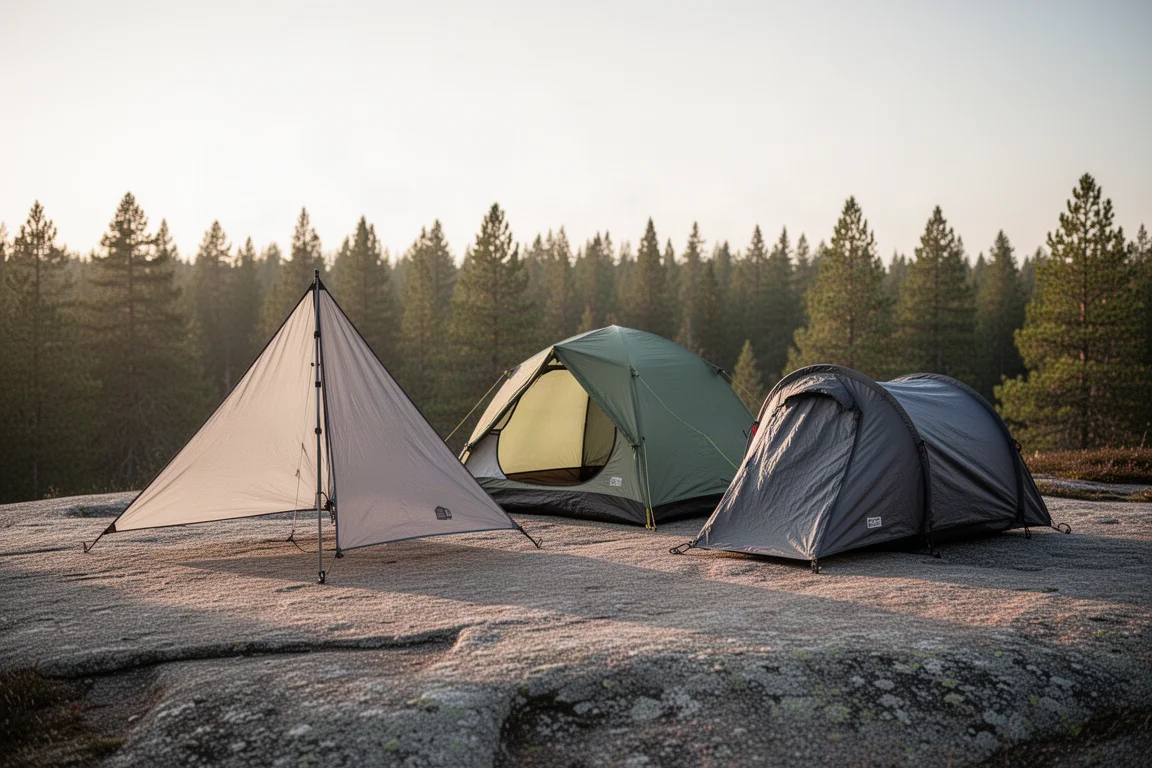 Three lightweight backpacking tents pitched on a granite slab at golden hour