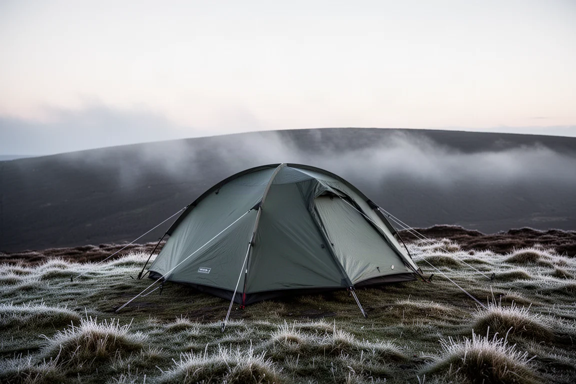 Solo four-season tent pitched on a frosty moorland ridge at first light with low mist