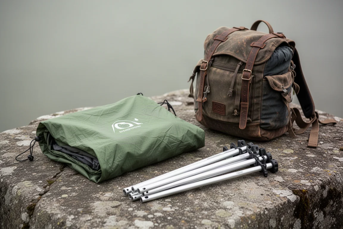 Compact tent flysheet and separate pole bundle laid out on stone beside a hiking backpack