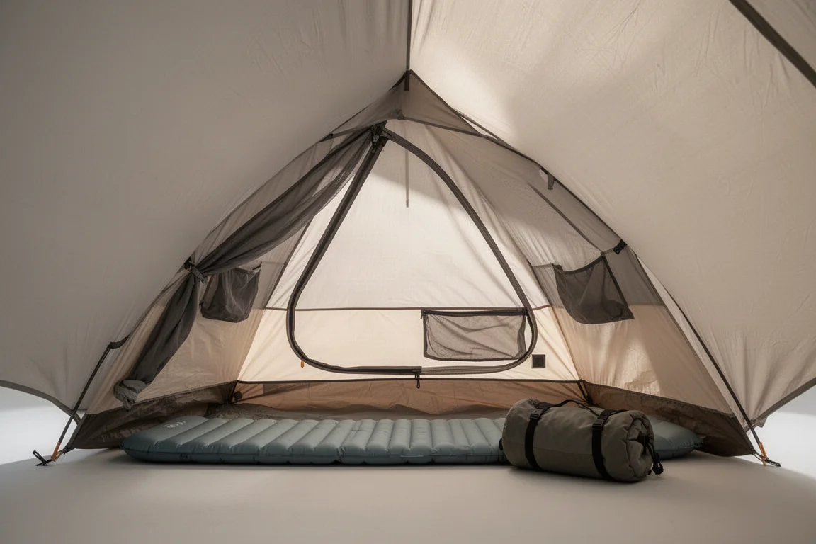 Interior of a small four-season solo tent with sleeping pad and daylight through the flysheet