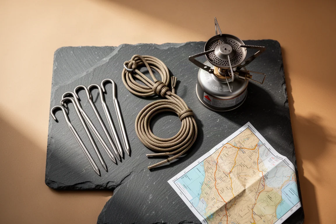 Overhead flat-lay of titanium tent pegs, guy line, stove and folded map on slate