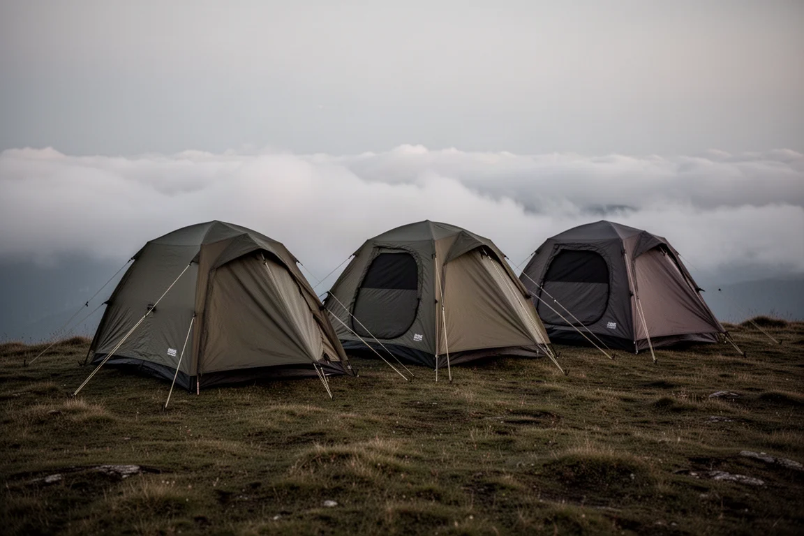 Three solo four-season tents pitched side by side on an exposed grassy ridge at dusk