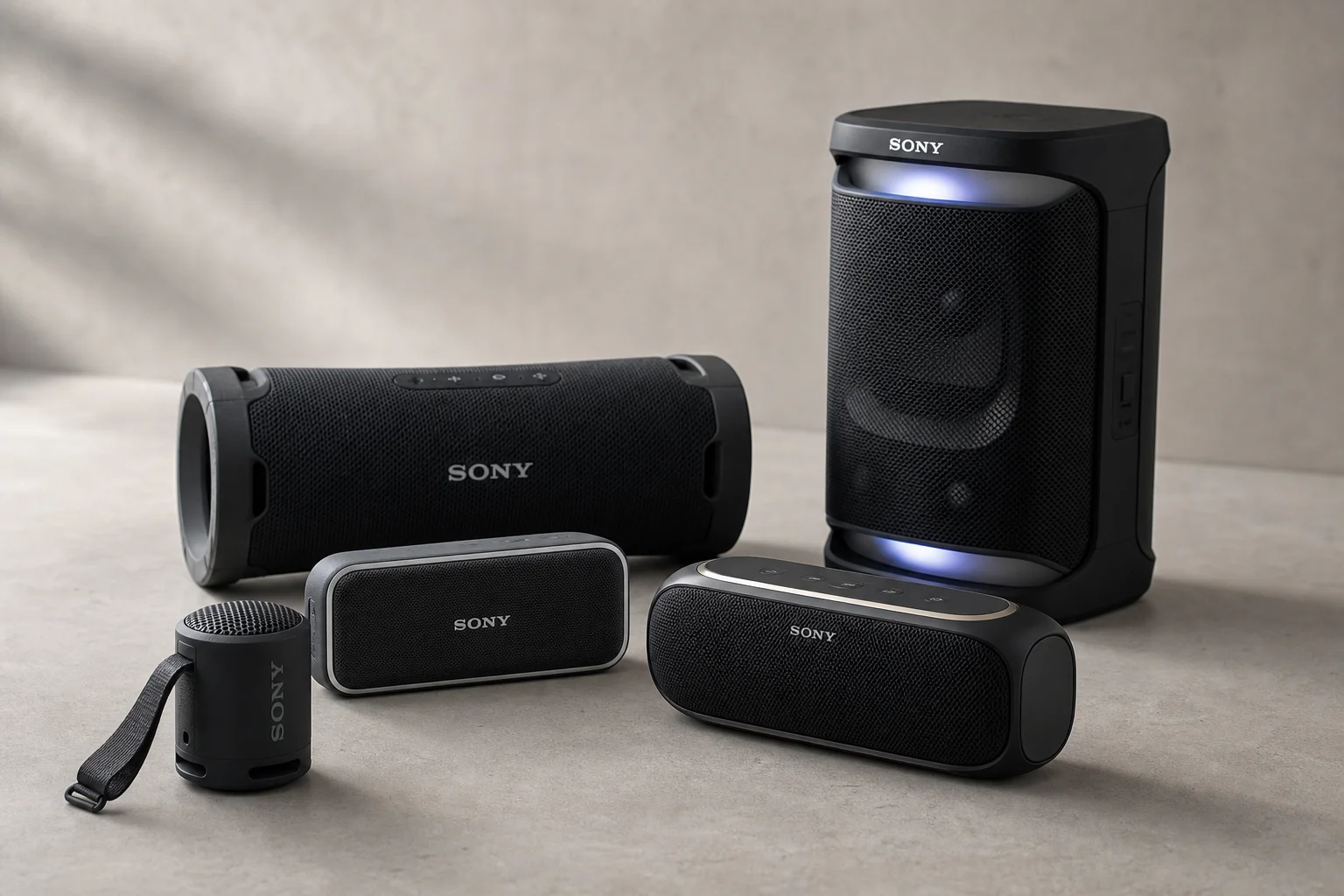 五款 Sony Bluetooth 喇叭排列在水泥地面上