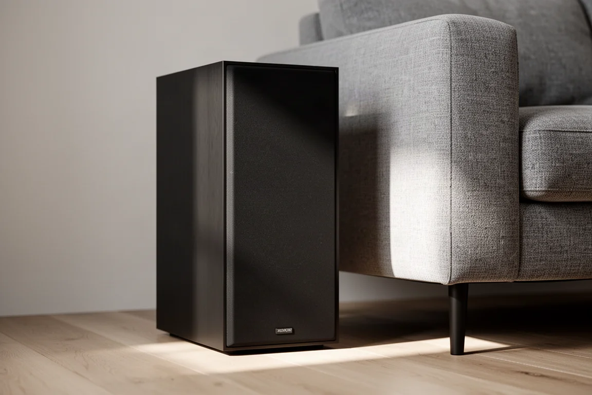Wysoki matowy czarny subwoofer na drewnianej podłodze obok narożnika szarej sofy