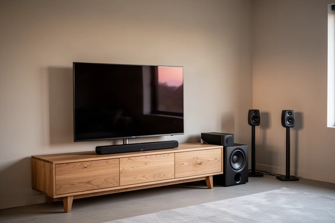 Wykończony kącik kina domowego z telewizorem, soundbarem, subwooferem i tylnymi głośnikami na stojakach