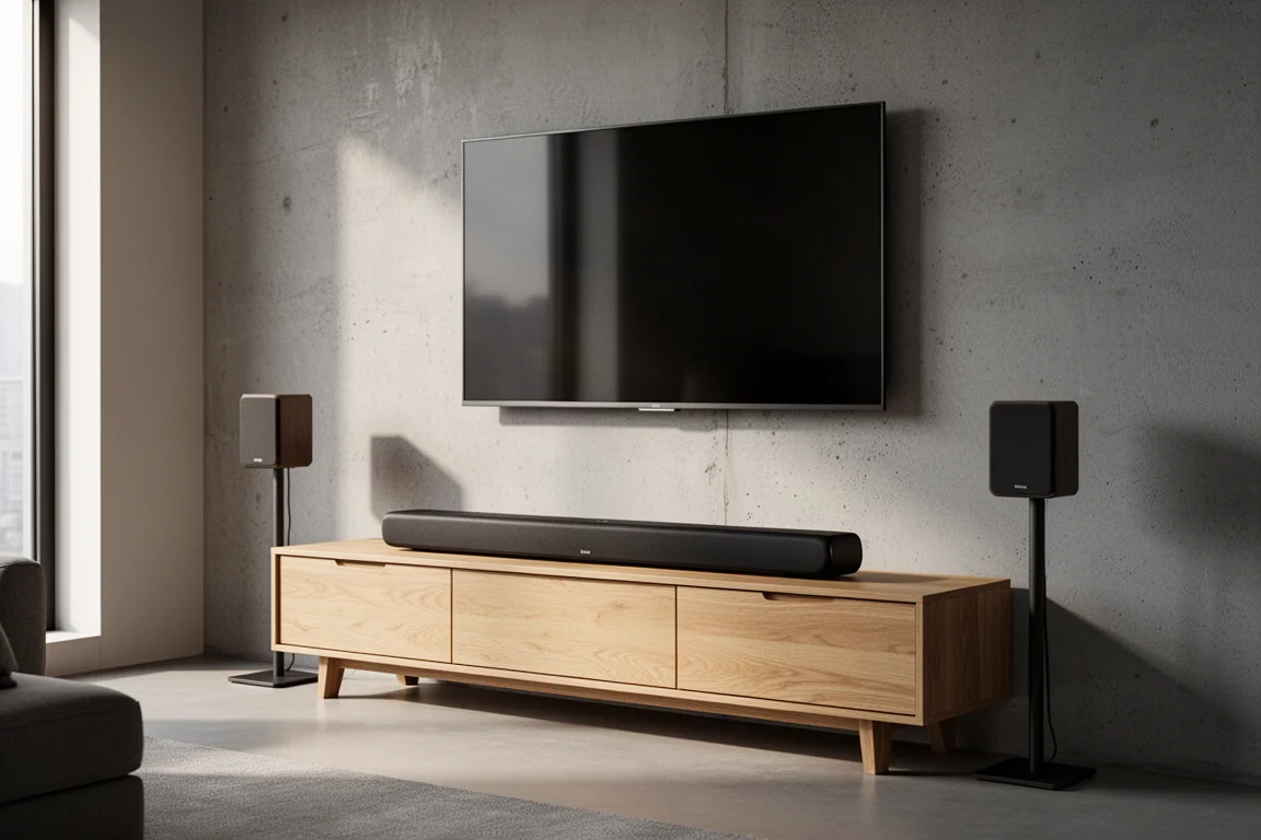 Low-profile soundbar and surround speakers arranged in a minimal living room setting