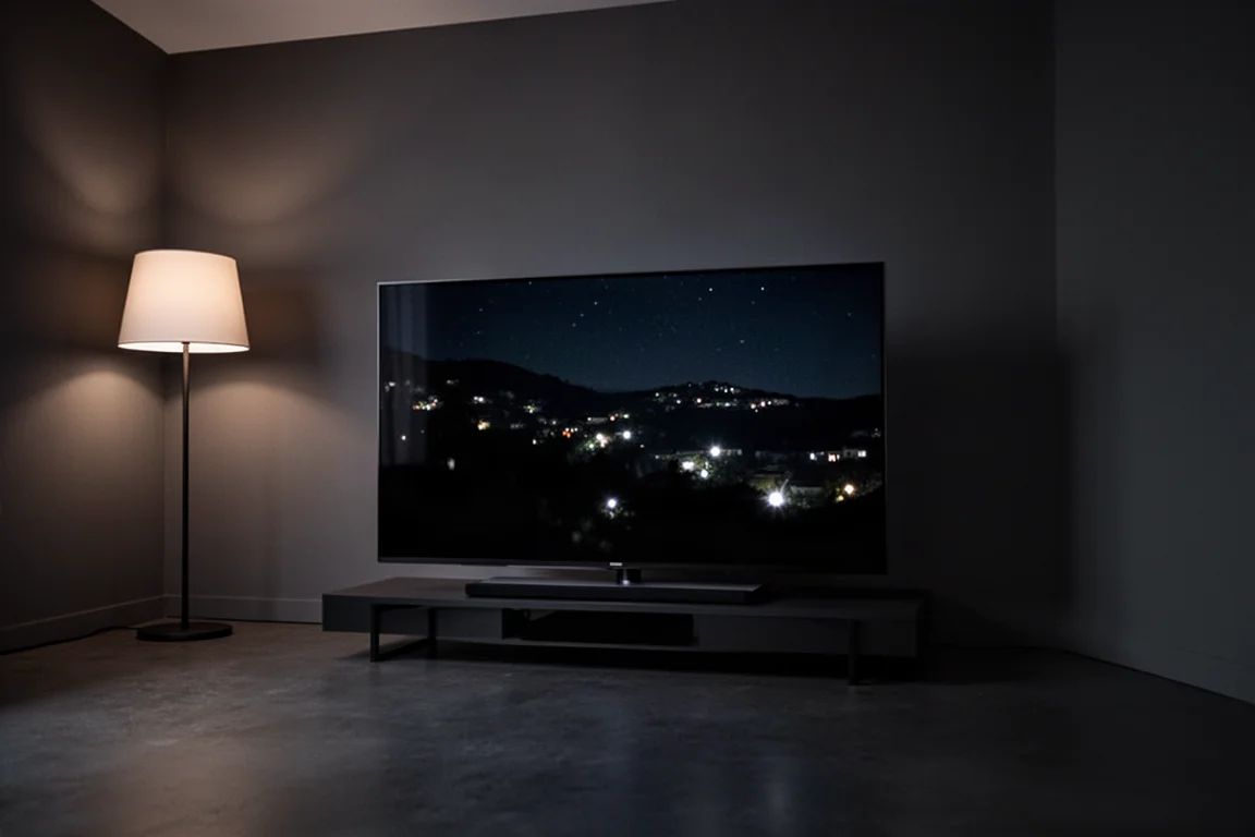 昏暗的家庭影院室内,一台 OLED 电视呈现深邃黑色与明亮高光