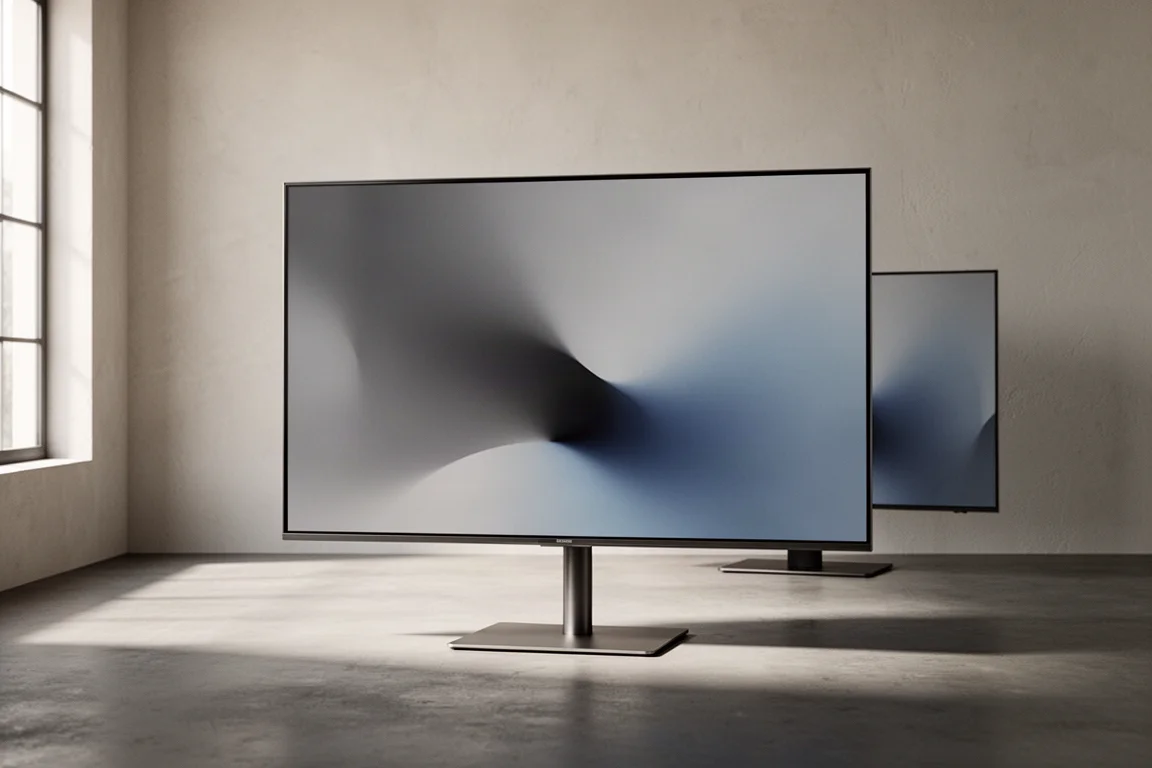 Two slim flat-panel televisions in a minimal living room with soft window light