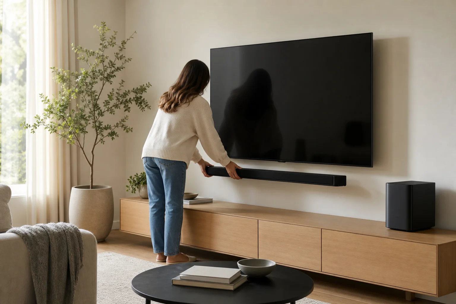 벽걸이 TV 아래에서 사운드바 설정을 조정하는 사람