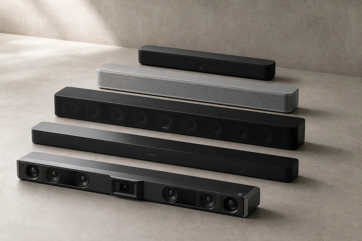 Collection of five different soundbars arranged on concrete surface