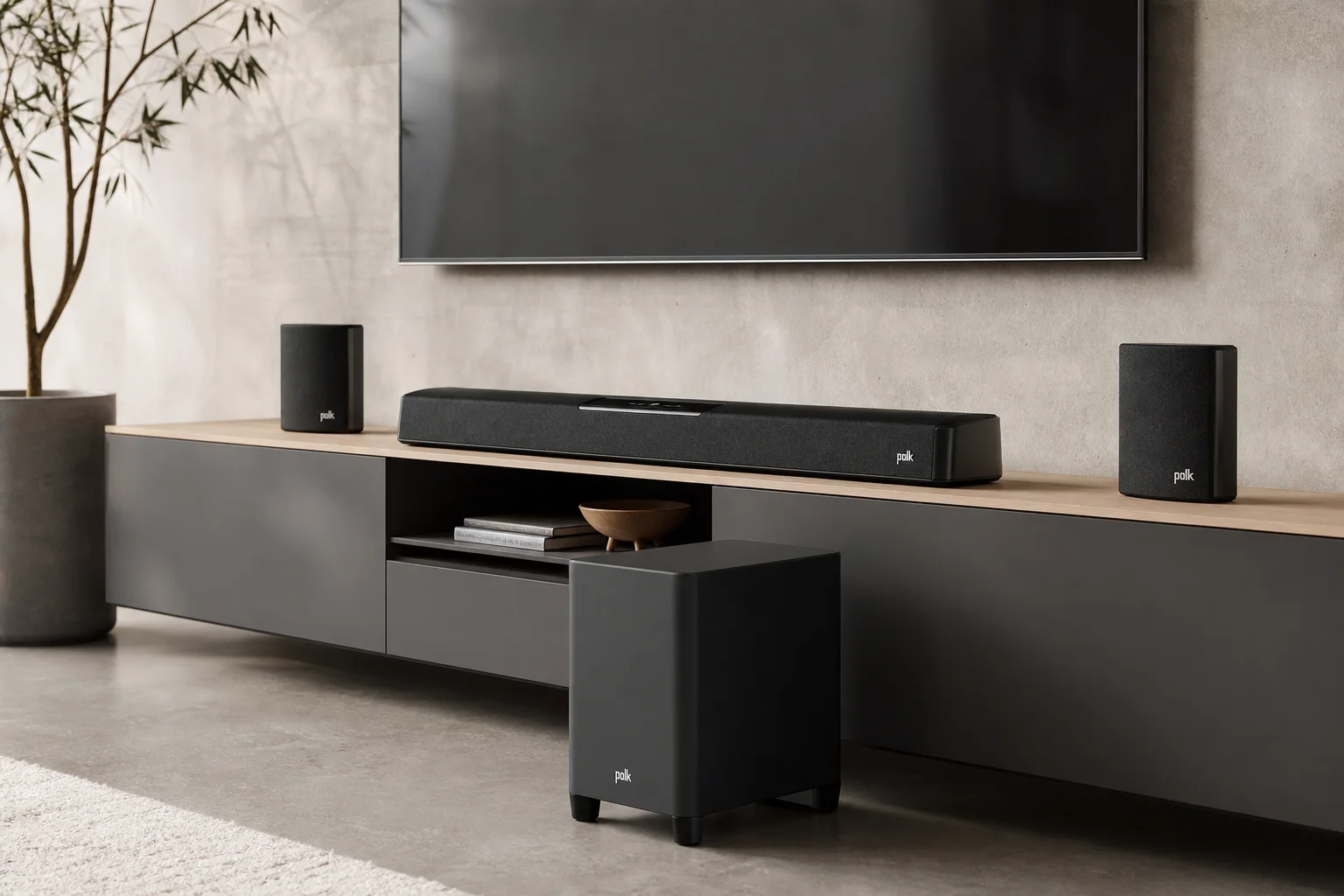 Modern soundbar system with subwoofer and rear speakers on media console