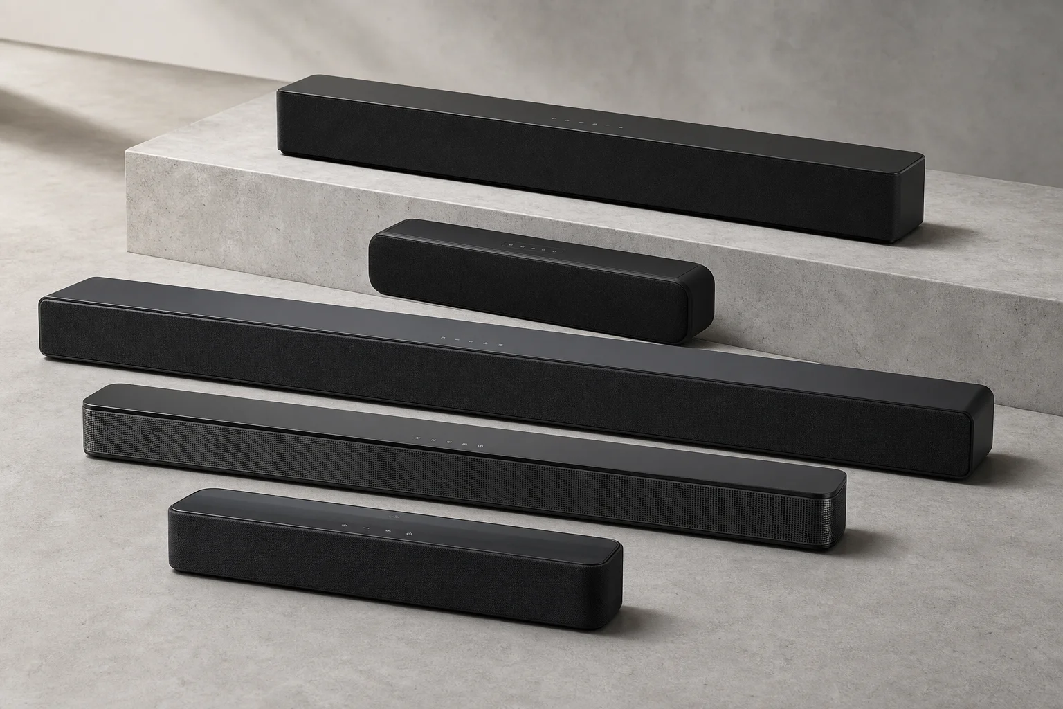 Five modern soundbars of varying sizes arranged on a concrete surface