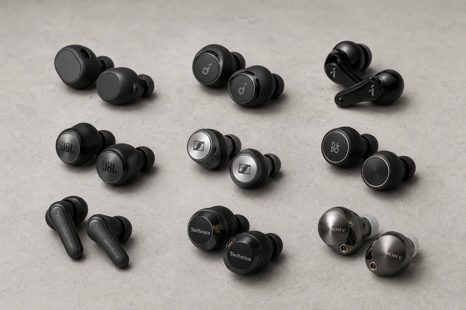 Nine earbud models arranged on concrete surface representing budget to premium options