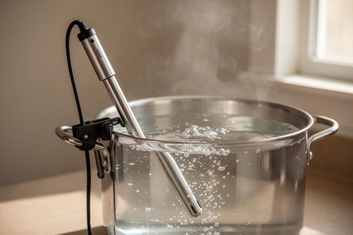 Sous-vide-Circulator erhitzt Wasser in einem Topf, Blasen steigen auf