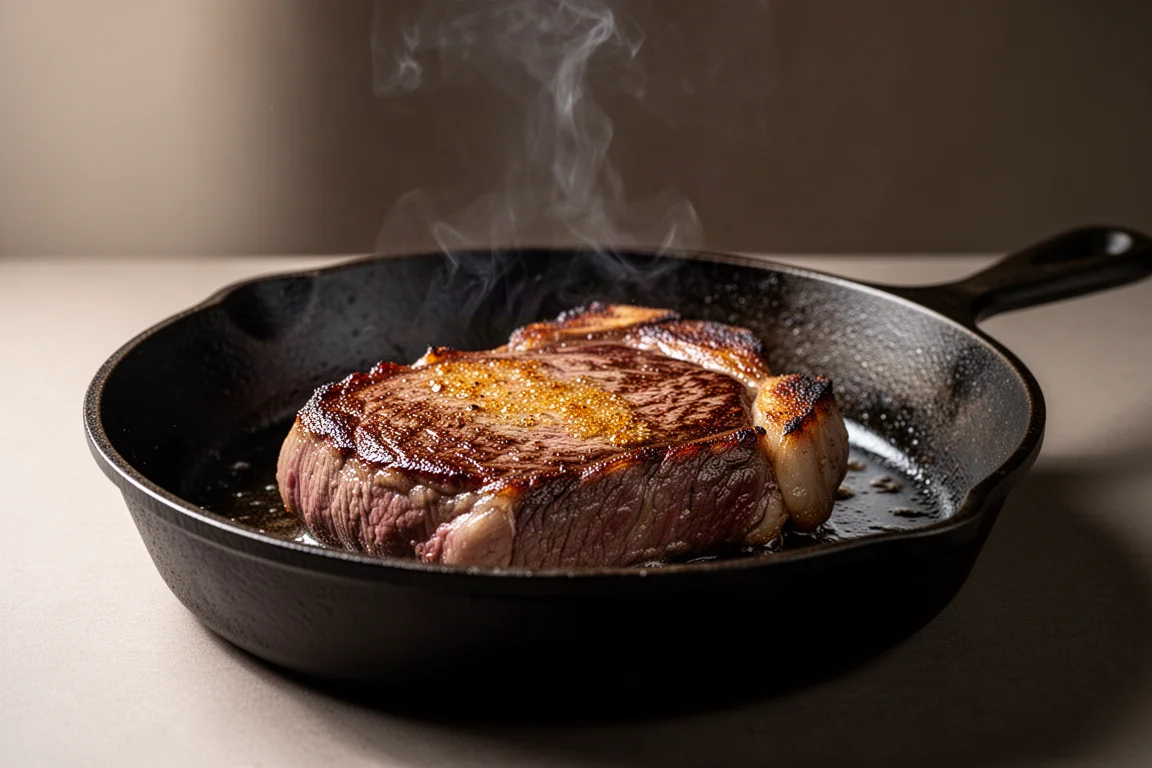 Steak wird nach dem Sous-vide-Garen in einer Pfanne scharf angebraten