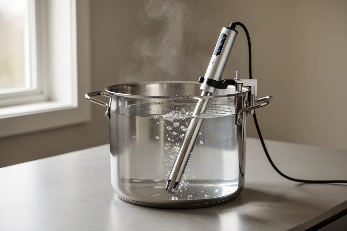 Immersion circulator clipped to a pot of water with bubbles rising