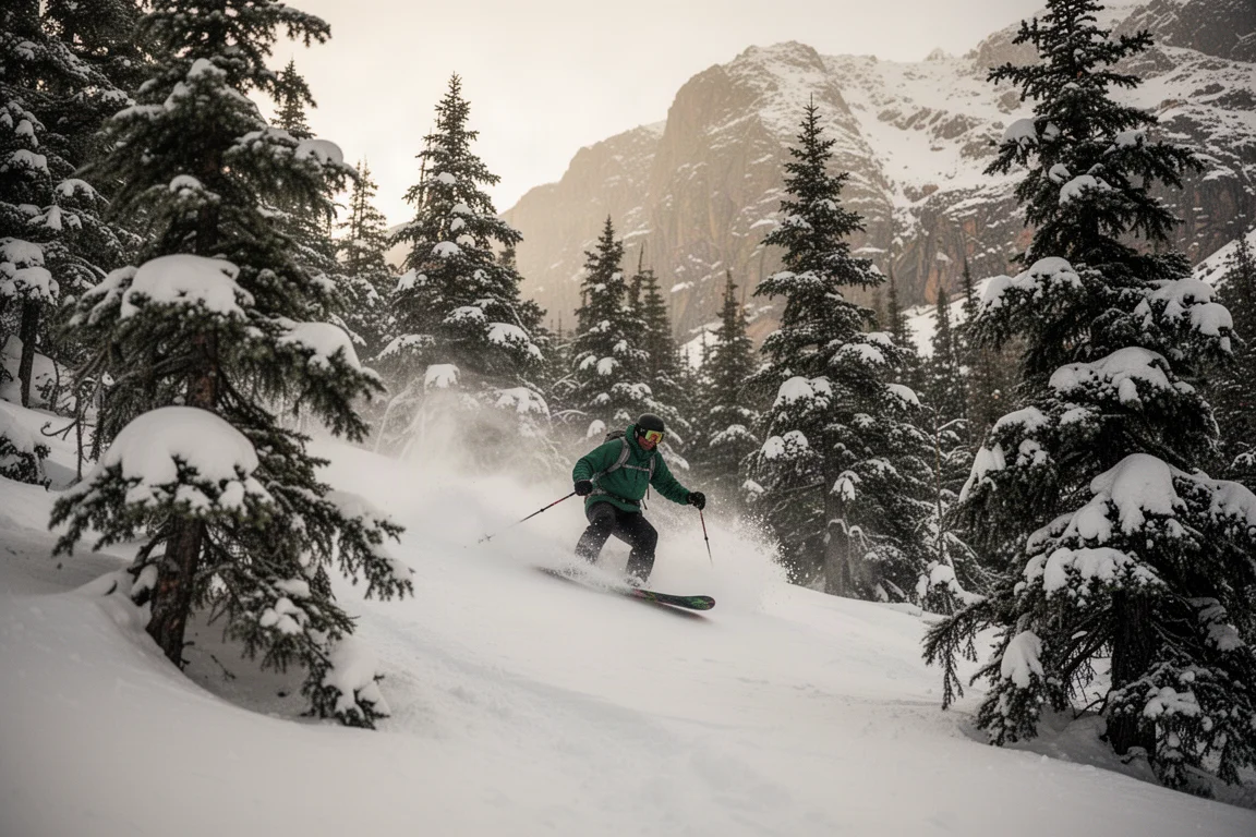 Snowboarder riding tree runs between snow-covered evergreens in the Andes