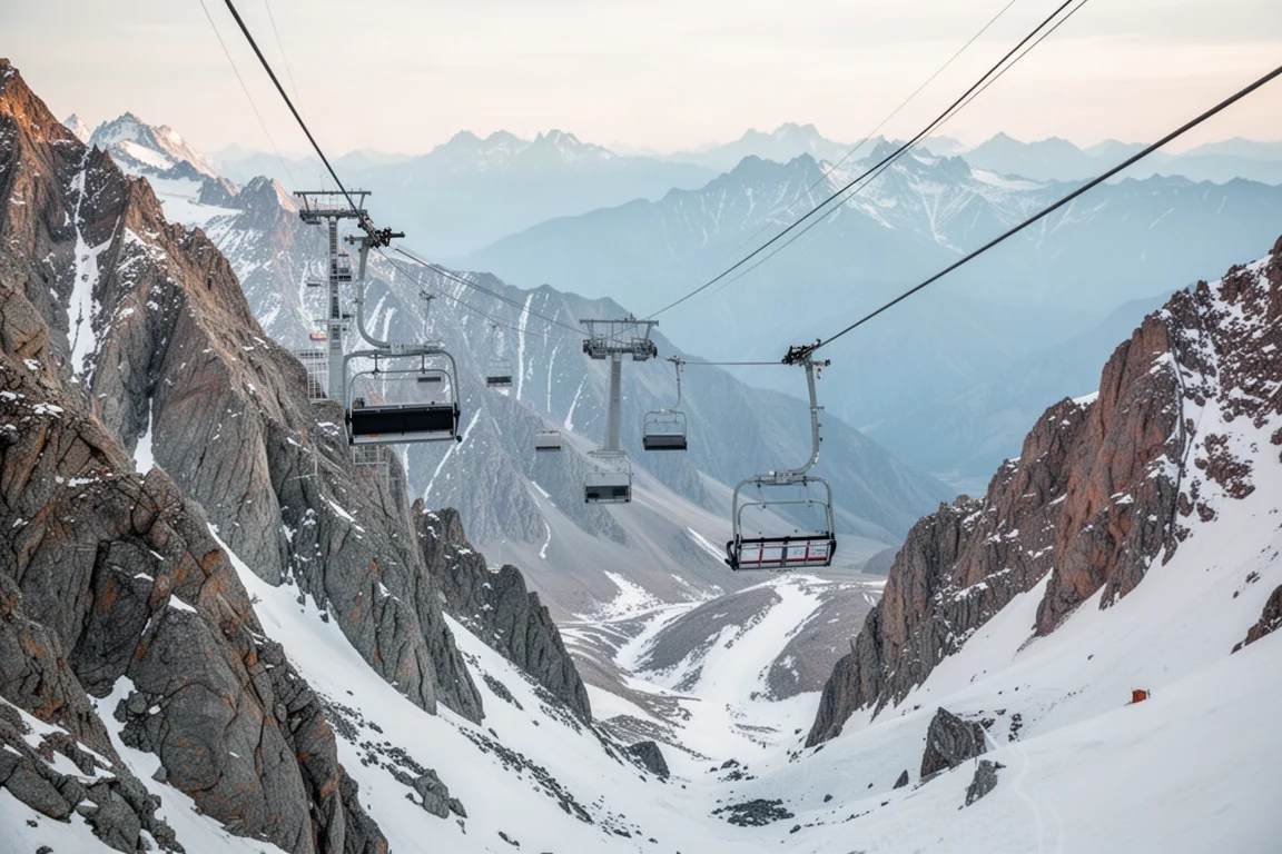 Chairlift climbing above steep big mountain terrain at a high alpine resort