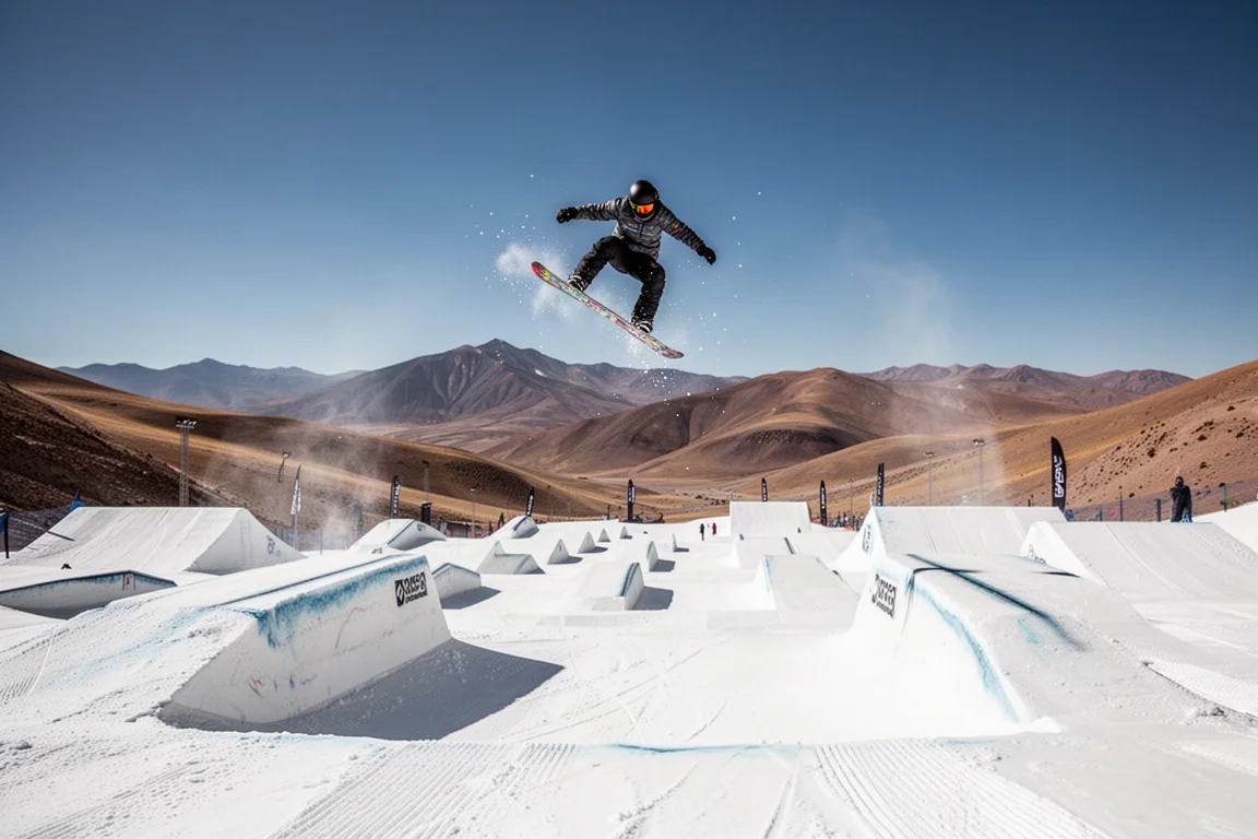 Snowboarder hitting a jump in a well-groomed terrain park under clear sky