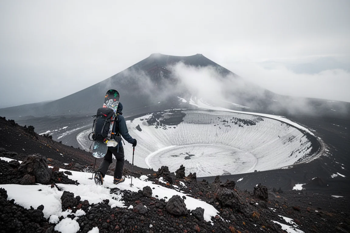 Snowboarder hiking a volcanic ridgeline above a snow-covered crater