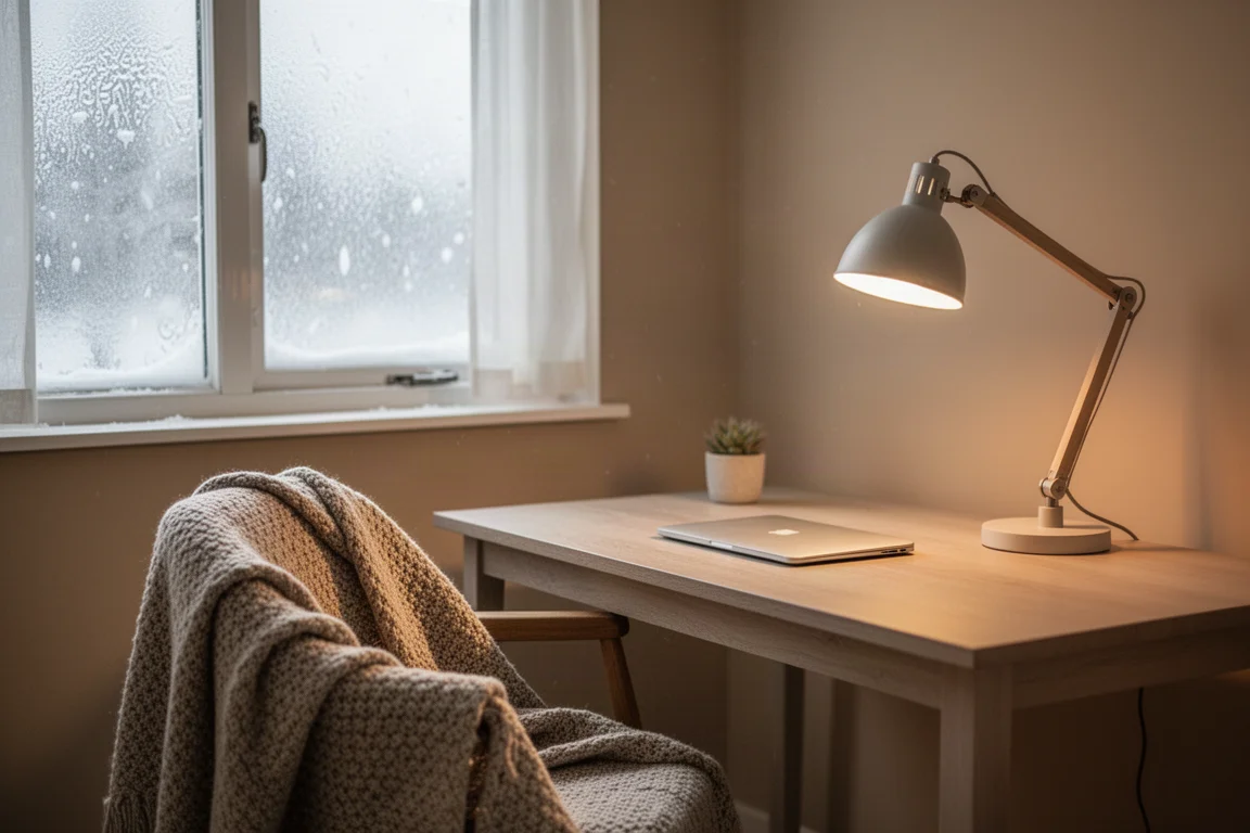 Elektrokamin aus Walnuss leuchtet warm in einer Schlafzimmerecke