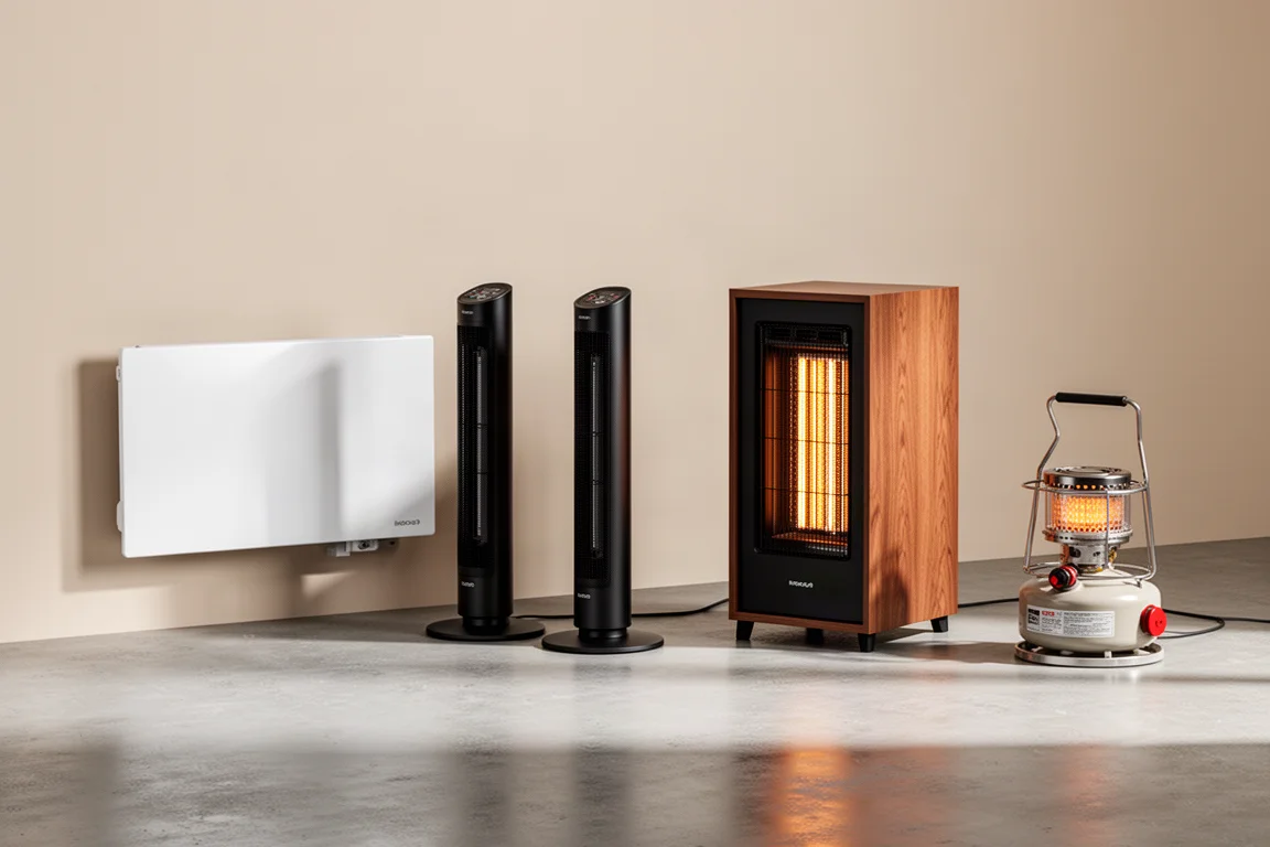 Sette termoventilatori di stili e dimensioni diversi allineati su una superficie in cemento