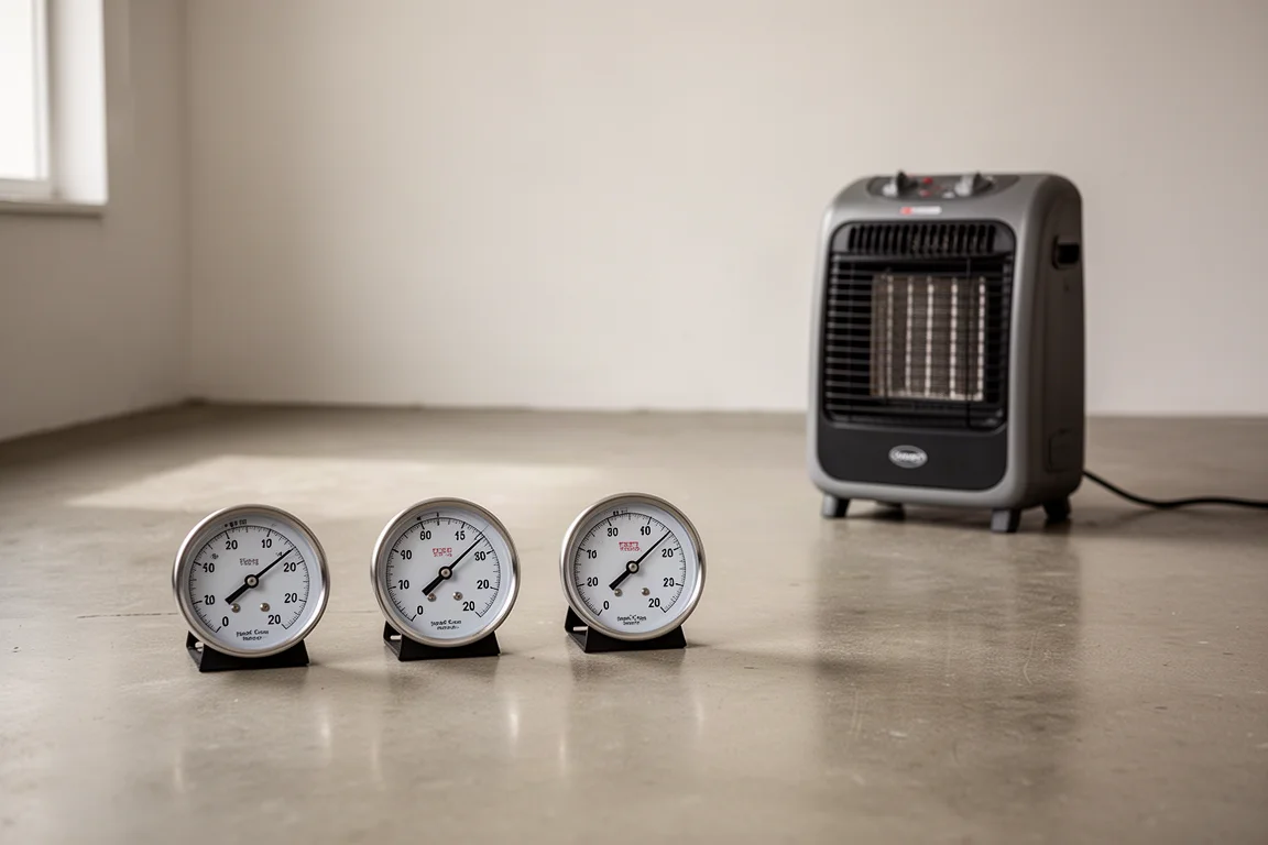 Três termômetros posicionados no chão para medir até onde um aquecedor projeta calor