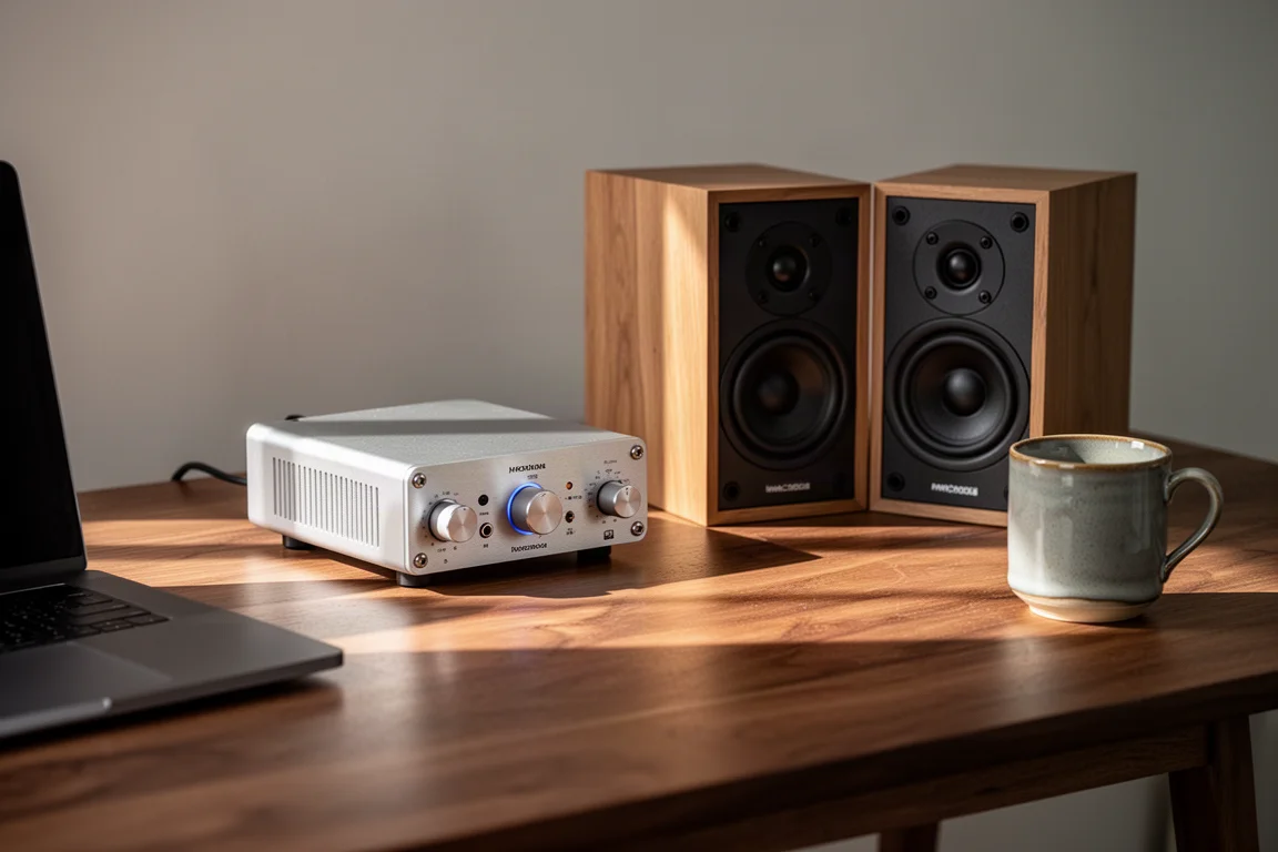 Compact desktop amplifier and bookshelf speakers on a wooden desk at dusk