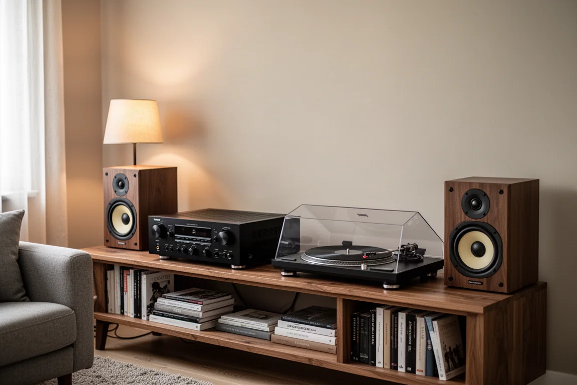 Living room hi-fi shelf with a stereo receiver, turntable, and speakers