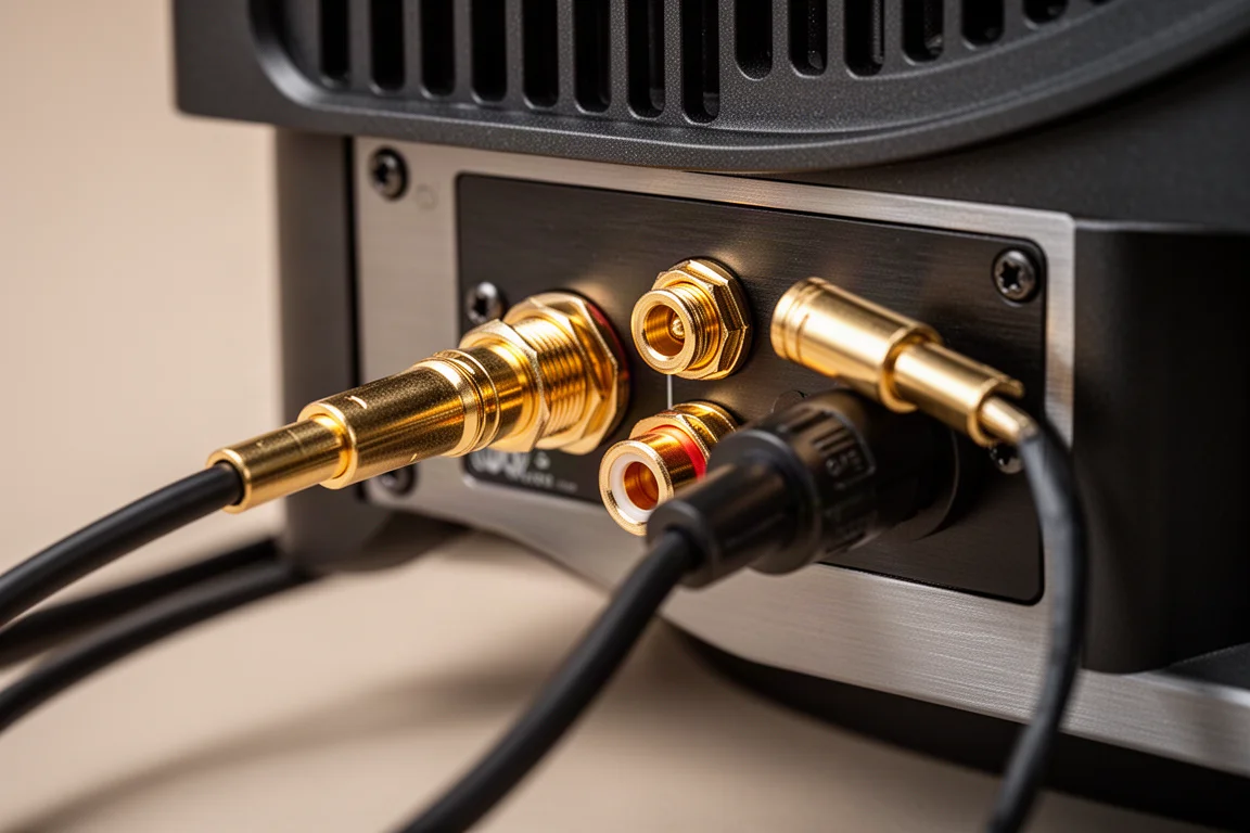 Close-up of gold-plated speaker binding posts with banana plugs attached