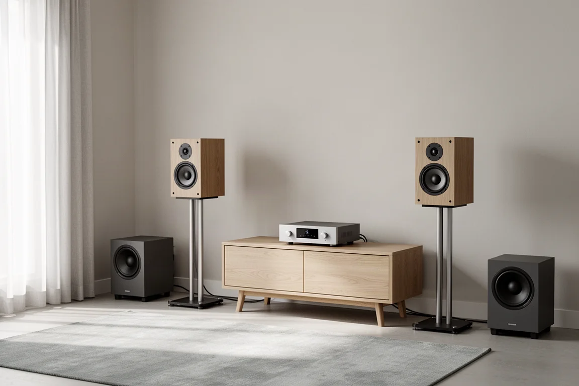 Living room listening setup with stand-mounted bookshelf speakers and a subwoofer