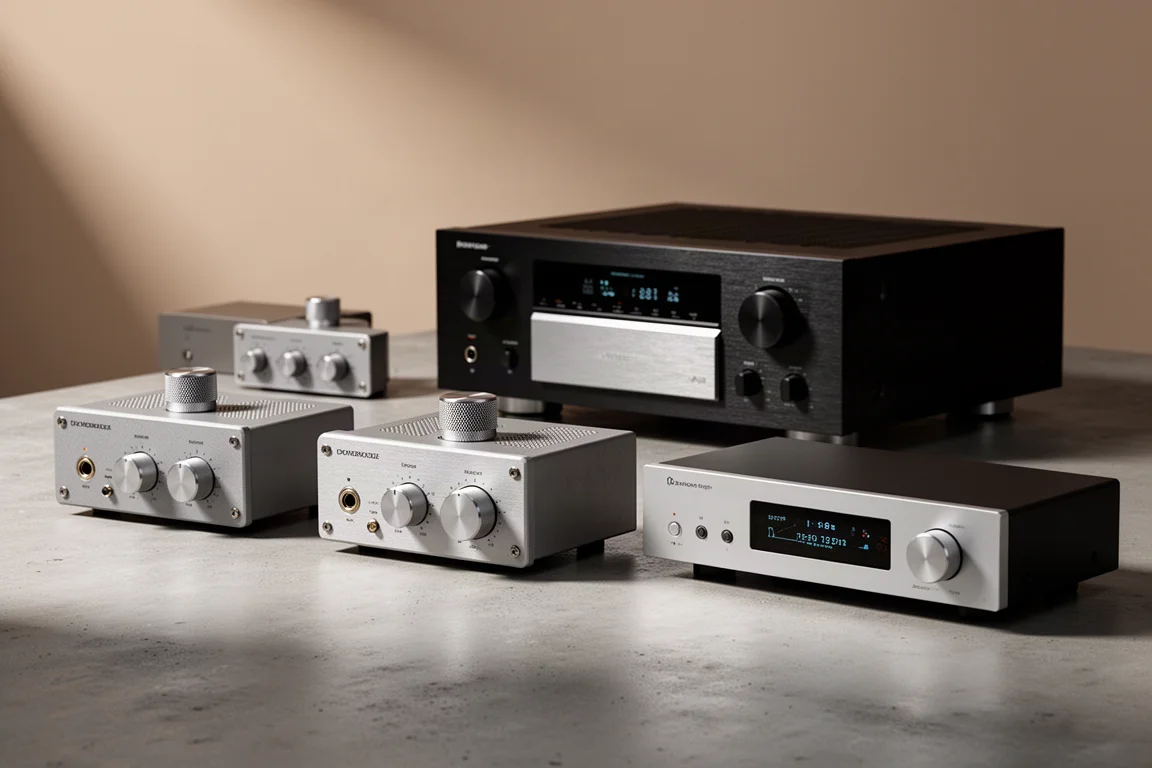 Group of compact and full-size audio amplifiers arranged on a concrete surface