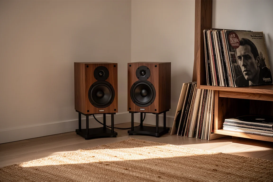 Rincón de una sala de escucha con altavoces de estantería compactos, discos de vinilo y luz cálida de tarde