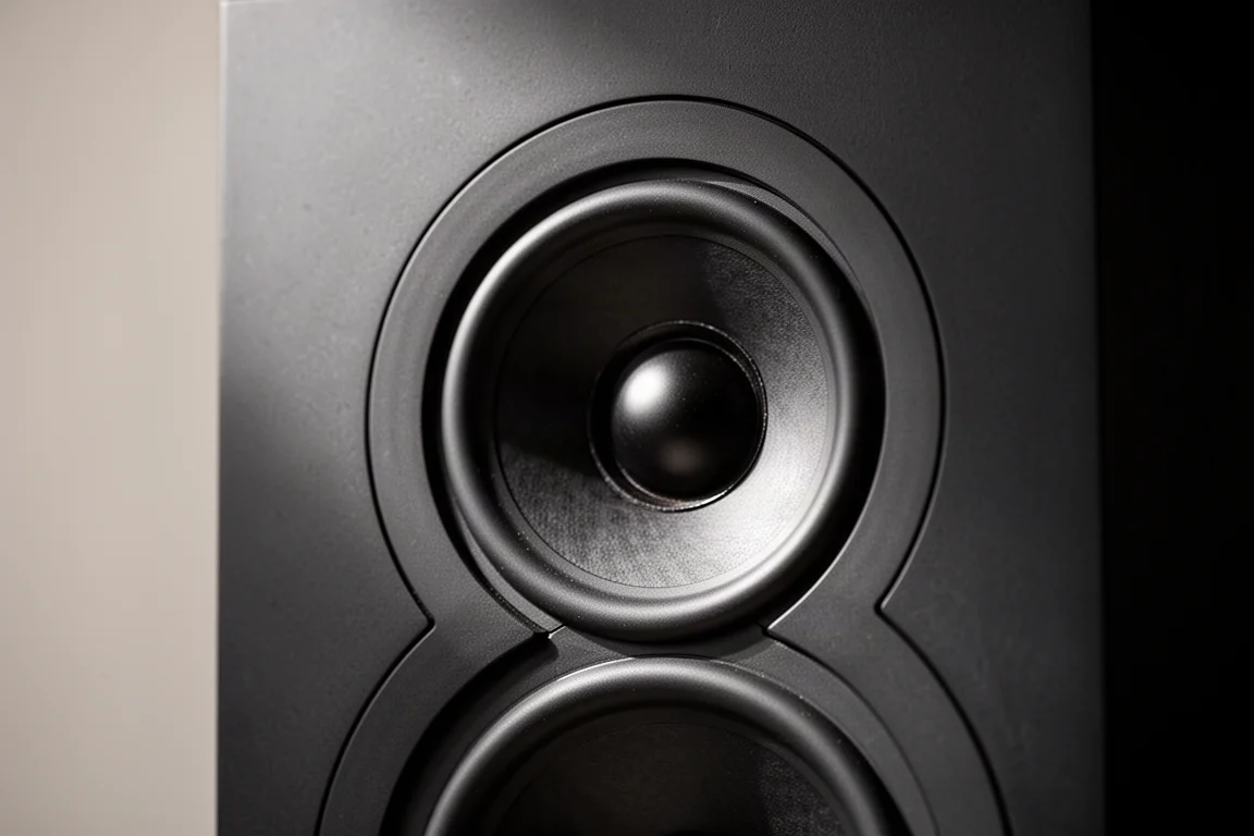 Detalle cercano del conjunto de un altavoz coaxial sobre un panel mate oscuro