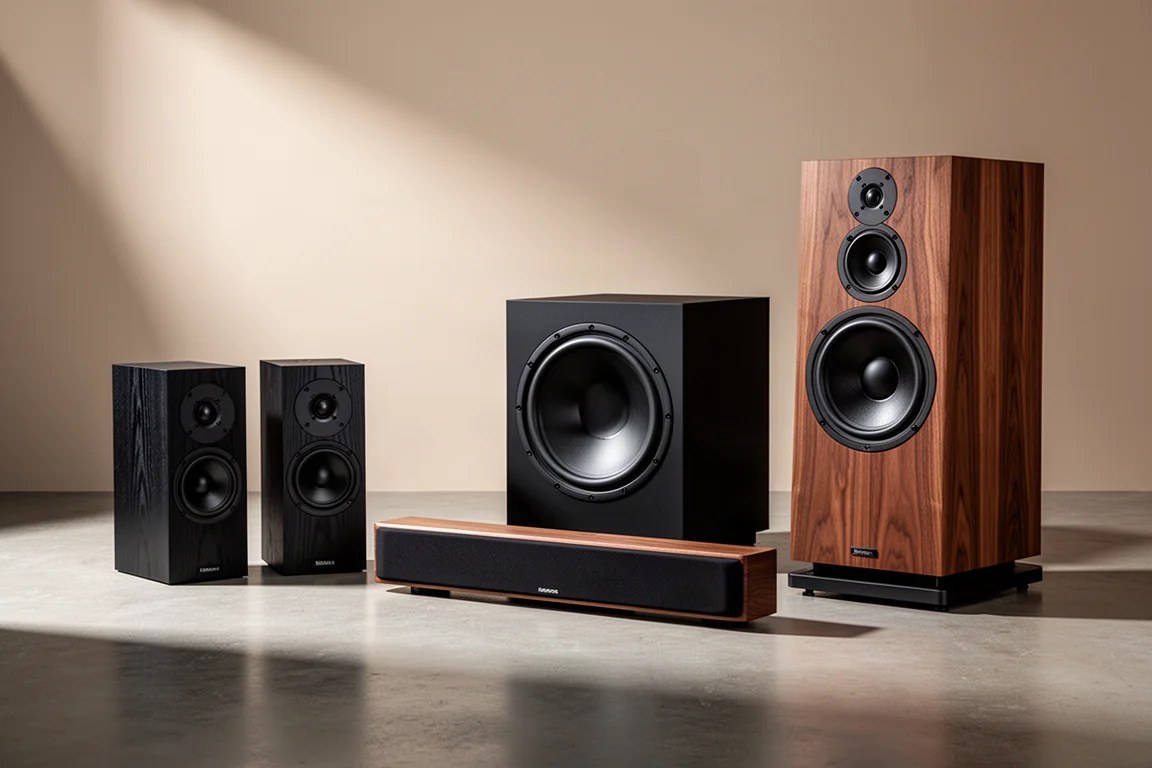 Group of hi-fi speakers including bookshelf, centre channel, subwoofer and walnut standmount models