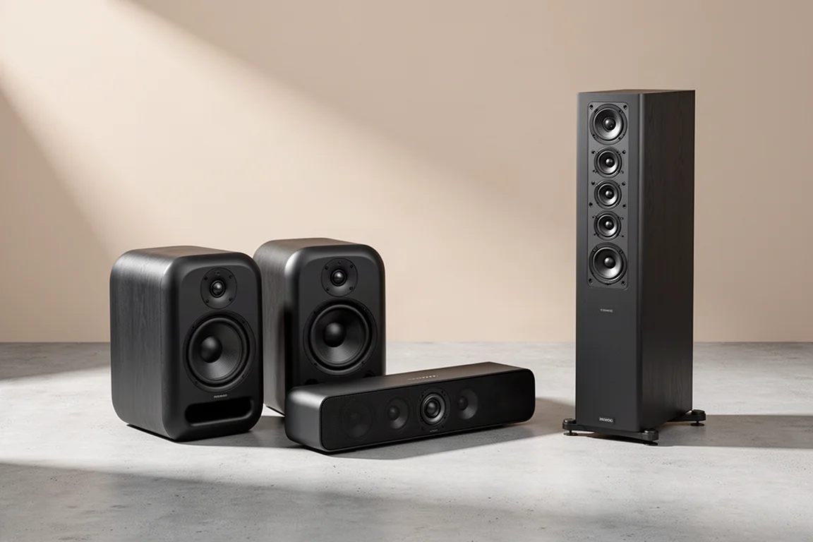 Group of home audio speakers including bookshelf, center channel, and tower models on concrete