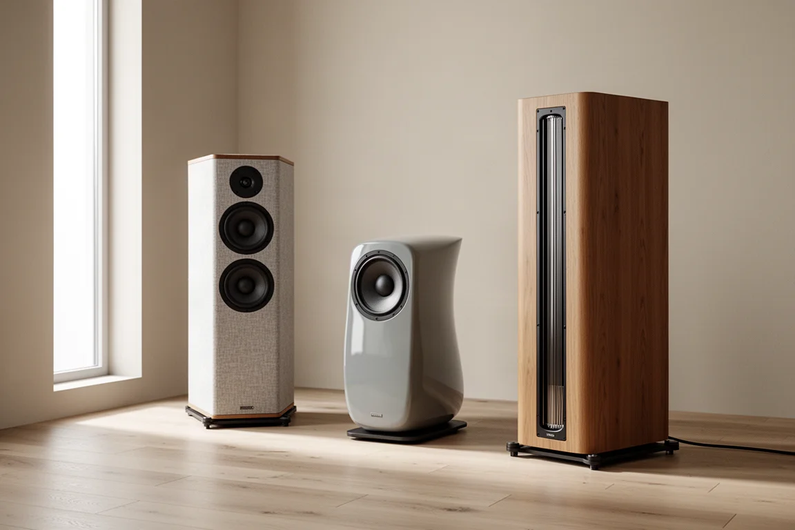 Three high-end floorstanding loudspeakers arranged in a minimal listening room