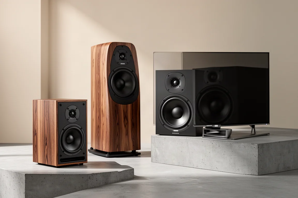 A collection of high-end speakers on a concrete surface