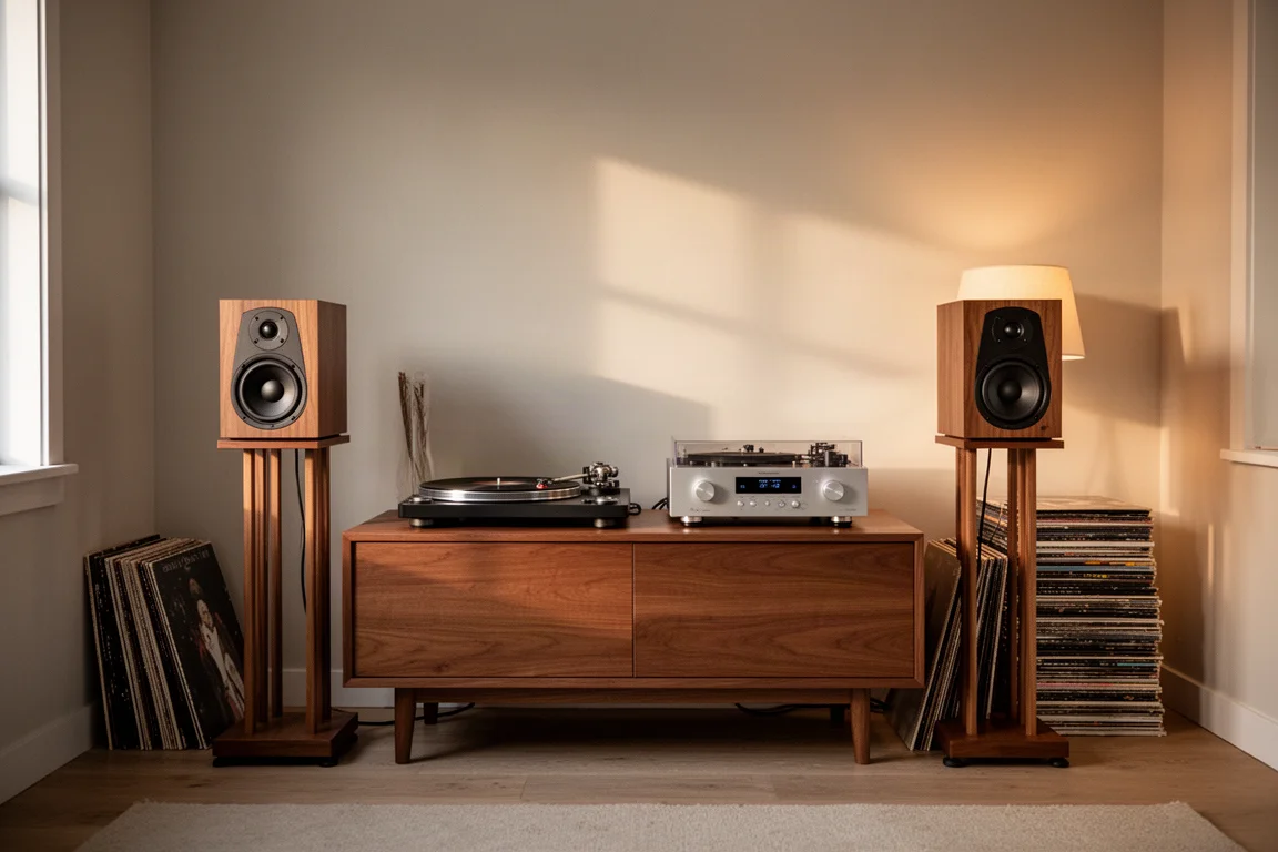 Listening room with bookshelf speakers on stands, a turntable and warm lamp light