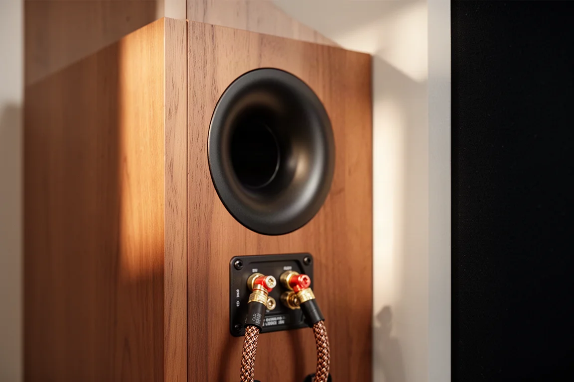 Close-up of a rear-firing port on a large bookshelf speaker near a wall