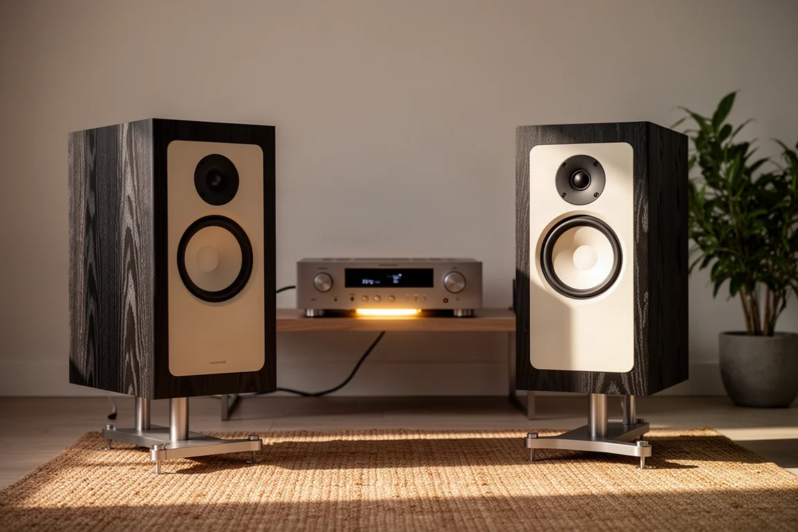 Pair of wood-finish bookshelf speakers on stands in a living room with an amplifier