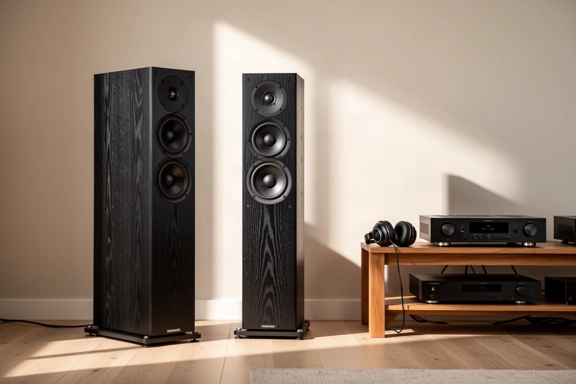 Floorstanding speaker beside an amplifier on a wooden shelf in a living room